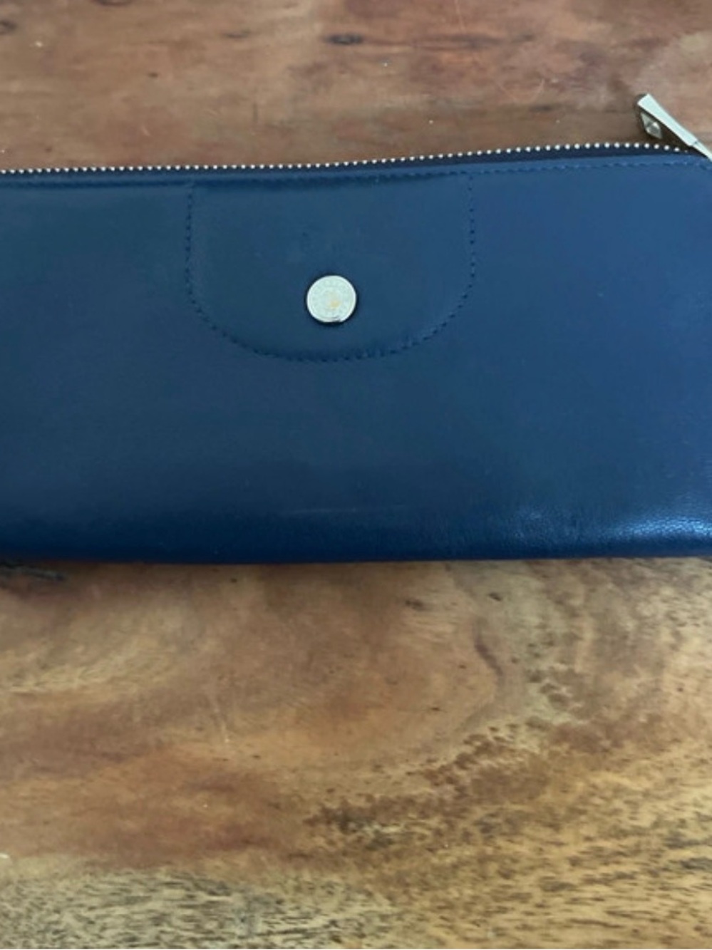 Longchamp Navy Leather Zip Wallet with Gold Snap
